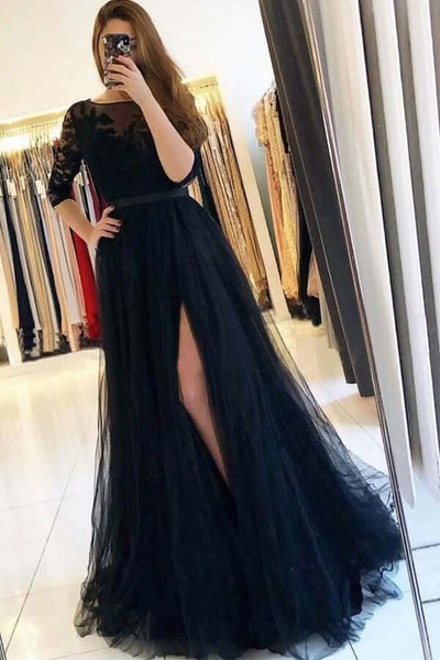 Stylish Tulle Lace A-line V-neck Long Prom Dresses SP776