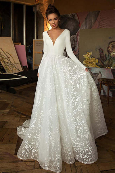 Lace a deals line wedding dress with long sleeves