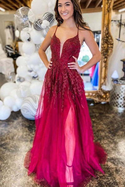 Burgundy Tulle A-line Lace Up Back Thigh Slit Prom Dresses, Evening Gown,  SP763