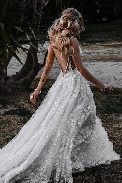 Lace A-line V-neck Spaghetti Straps Wedding Dresses SW474 