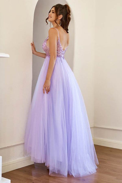 Lilac Tulle Lace A-line Open Back Prom Dresses MP688