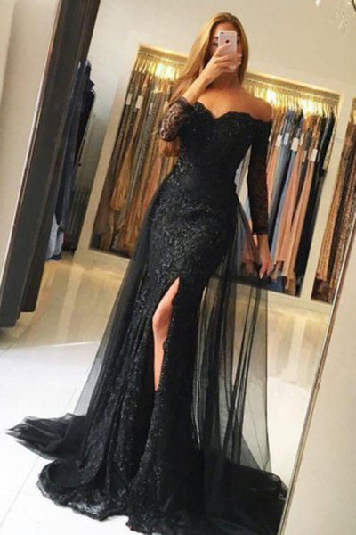 Black A-line Split Prom Dress With Lace Appliques, MP819