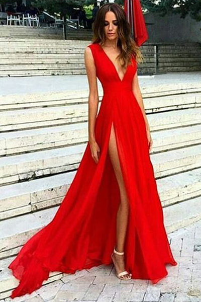 Deep V-Neck Red Prom Party GownsFloral Lace Appliques Split Front