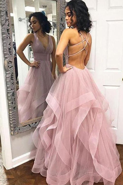 Gorgeous V-neck Pink Lace Applique Tulle Slit Prom Gown - Xdressy