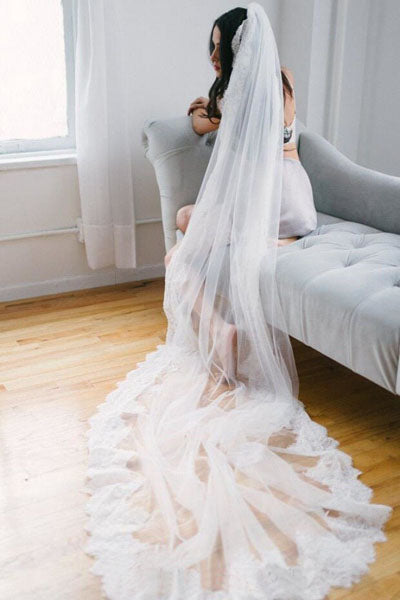 Cheap Ivory Alencon Lace Trim Long Wedding Veil