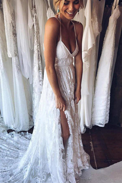 Ivory Spaghetti Strap Lace Open Back Side Split Beach Wedding Dresses –  Simidress