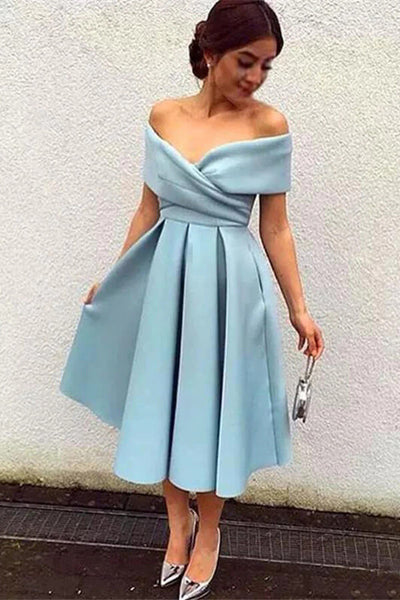 Sky Blue Satin Off Shoulder Simple Prom Dresses,PD00160 – AlineBridal