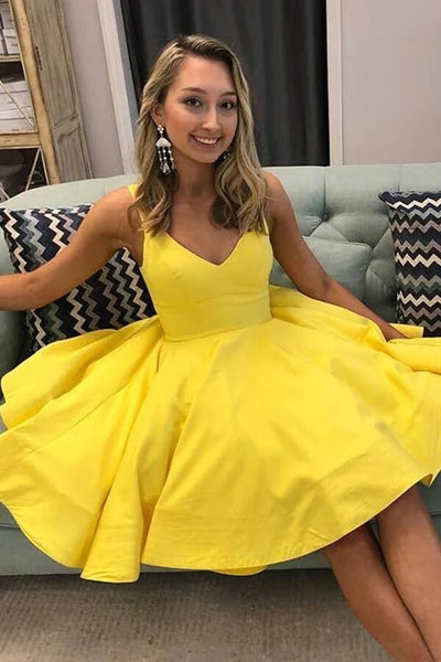 Simple Yellow A-line Cross Back Short Homecoming Dress With Pockets, S –  Simidress