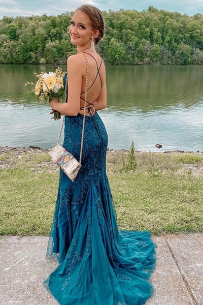 Blue Tulle Lace Mermaid Spaghetti Straps Prom Dress SP726