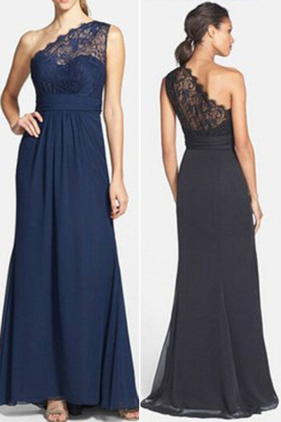 long one shoulder lace bridesmaid dress