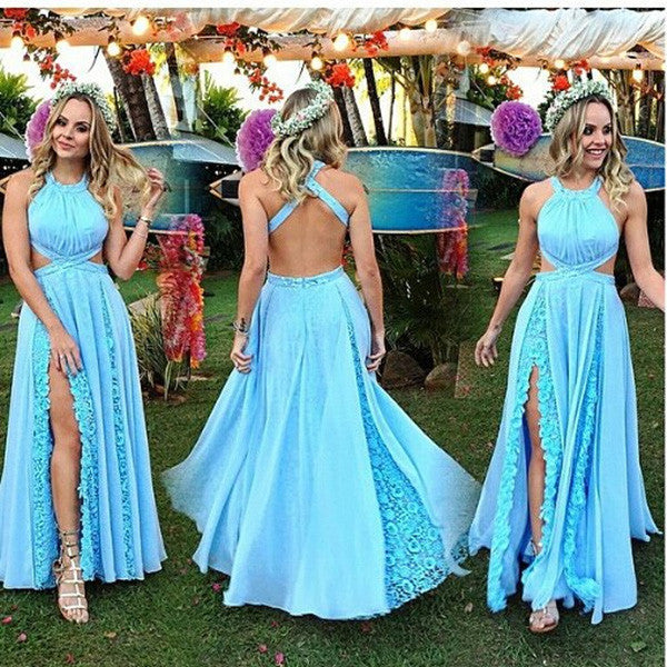 Baby Blue Prom Dress Halter Split Prom Dress Prom Dresses with Lace Simidress