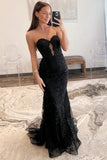 Black Mermaid Sweetheart Neck Lace Appliques Keyhole Prom Dresses, SLP048 image 1