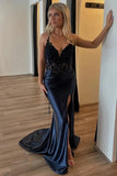 Black Satin Mermaid Corset Lace Appliques Long Prom Dresses With Slit, SLP039