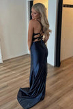 Black Satin Mermaid Corset Lace Appliques Long Prom Dresses With Slit, SLP039 | black lace prom dress | backless prom dress | prom dress for girls | simidress.com