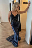 Black Satin Mermaid Corset Lace Appliques Long Prom Dresses With Slit, SLP039 | new arrival prom dress | prom dresses near me | party dress | simidress.com