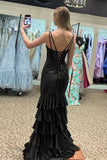 Black Satin Mermaid V-neck Ruffled Lace Up Prom Dresses With Slit, SLP053 | new arrival prom dress | black  long prom dress | evening gown | simidress.com