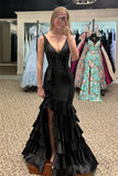 Black Satin Mermaid V-neck Ruffled Lace Up Prom Dresses With Slit, SLP053