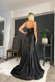 Black Satin Sheath Spaghetti Straps Lace Appliques Long Prom Dresses, SLP028 image 5