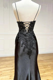 Black Satin Sheath Spaghetti Straps Lace Appliques Long Prom Dresses, SLP028 image 3