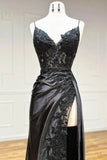 Black Satin Sheath Spaghetti Straps Lace Appliques Long Prom Dresses, SLP028 image 2