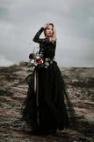 Black Tulle A-line Lace Appliques Long Sleeves Boho Wedding Dresses, SW699 image 2