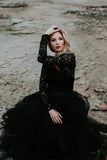 Black Tulle A-line Lace Appliques Long Sleeves Boho Wedding Dresses, SW699 image 3