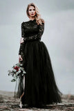 Black Tulle A-line Lace Appliques Long Sleeves Boho Wedding Dresses, SW699 image 1