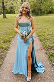 Blue Mermaid Spaghetti Straps Corset Beaded Prom Dresses With Slit, SLP050