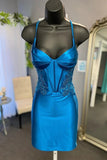 Blue Satin Corset Short Homecoming Dresses With Lace Appliques, SH640 image 2