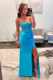 Blue Satin Mermaid Spaghetti Straps Lace Appliques Prom Dress With Slit, SLP065