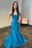 Blue Satin Mermaid Strapless Beaded Long Prom Dresses With Train, SLP034 | blue prom dresses | beaded prom dress | party dresses | simidress.com