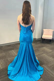 Blue Satin Mermaid Strapless Beaded Long Prom Dresses With Train, SLP034 | mermaid long prom dress | new arrival prom dress | cheap long prom dresses online | simidress.com