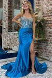 Blue Satin Mermaid Strapless Sweetheart Beaded Prom Dresses With Slit, SLP057