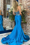 Blue Satin Mermaid Strapless Sweetheart Beaded Prom Dresses With Slit, SLP057 | new arrival prom dress | sparkly prom dress | evening gown | simidress.com