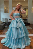 Blue Strapless Organza Blue Prom Dresses With Bow, Evening Dress, SLP045 image 2