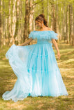 Blue Tulle A-line Ruffles Off-the-Shoulder Corset Long Prom Dresses, SLP017 image 1