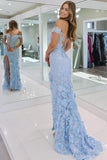 Blue Tulle Floral Lace Off Shoulder Corset Long Prom Dresses With Slit, SLP042 | evening dresses | prom dresses near me | cheap long prom dresses | simidress.com