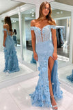 Blue Tulle Floral Lace Off Shoulder Corset Long Prom Dresses With Slit, SLP042