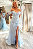 Blue Tulle Mermaid Sweetheart Off Shoulder Lace Appliques Prom Dresses, SLP059