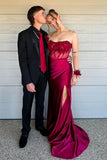 Burgundy Satin Strapless Lace Appliques Long Prom Dresses With Slit, SLP071 image 1