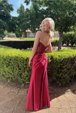 Burgundy Satin Strapless Lace Appliques Long Prom Dresses With Slit, SLP071 image 2