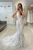 Chic Tulle Mermaid V-neck Spaghetti Straps Boho Lace Wedding Dresses, SW694 | vintage wedding dresses | cheap lace wedding dress | wedding gown | simidress.com