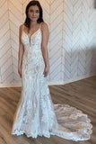 Chic Tulle Mermaid V-neck Spaghetti Straps Boho Lace Wedding Dresses, SW694 | bohemian wedding dresses | tulle wedding dress | v neck wedding dress | simidress.com