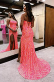 Coral Sequins Mermaid Strapless Prom Dresses With Slit, Evening Dresses, SLP066 | strapless prom dress | long formal dress | party dress | simidress.com