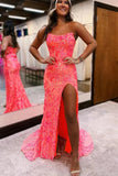 Coral Sequins Mermaid Strapless Prom Dresses With Slit, Evening Dresses, SLP066 | orange prom dress | sequins prom dress | lace prom dress | simidress.com