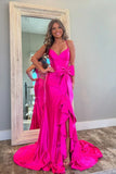 Cute Pink Satin Mermaid V-neck Side Slit Prom Dresses With Bow, SLP056