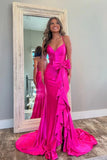 Cute Pink Satin Mermaid V-neck Side Slit Prom Dresses With Bow, SLP056 | new arrival prom dresses | party dresses | satin prom dresses | simidress.com