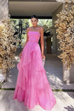 Elegant Organza Pink Strapless Layered Prom Dresses, Evening Dress, SLP068