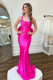 Fuchsia Satin Mermaid Spaghetti Straps Corset Prom Dresses With Bow, SLP020 image 1