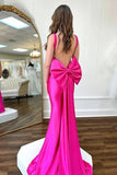 Fuchsia Satin Mermaid Spaghetti Straps Corset Prom Dresses With Bow, SLP020 image 2